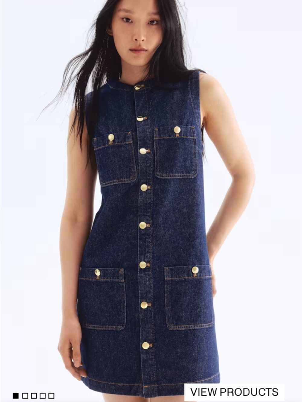 Sleeveless Dark Blue Denim Button-Front Shift Dress